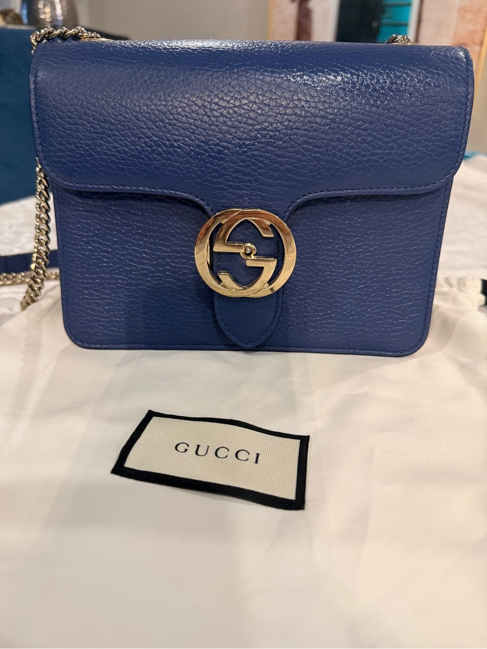 Authentic Gucci Blue Leather GG Chain Crossbody/Shoulder Bag
